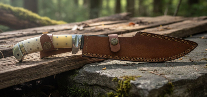 Decorative kukri knife with a leather sheath on a wooden surface