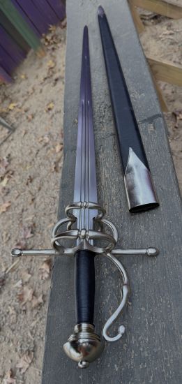 14 Buckler and Complex Hilt Sidesword Combo displayed with blade and sheath on wooden surface.