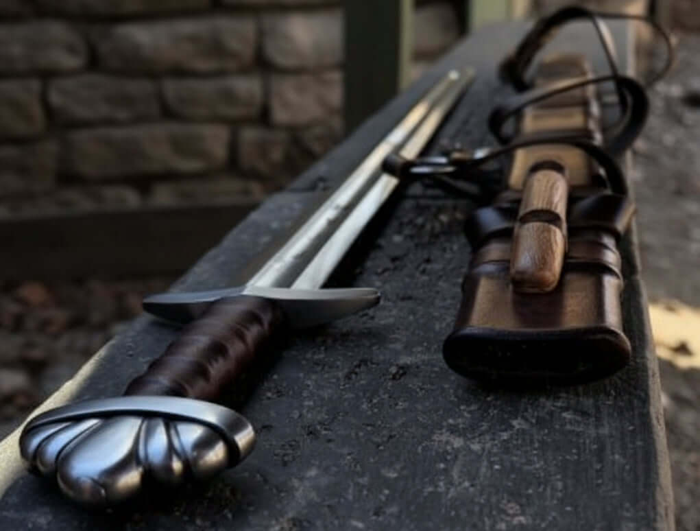Troll's Bane Viking sword replica displayed with leather scabbard on a wooden surface
