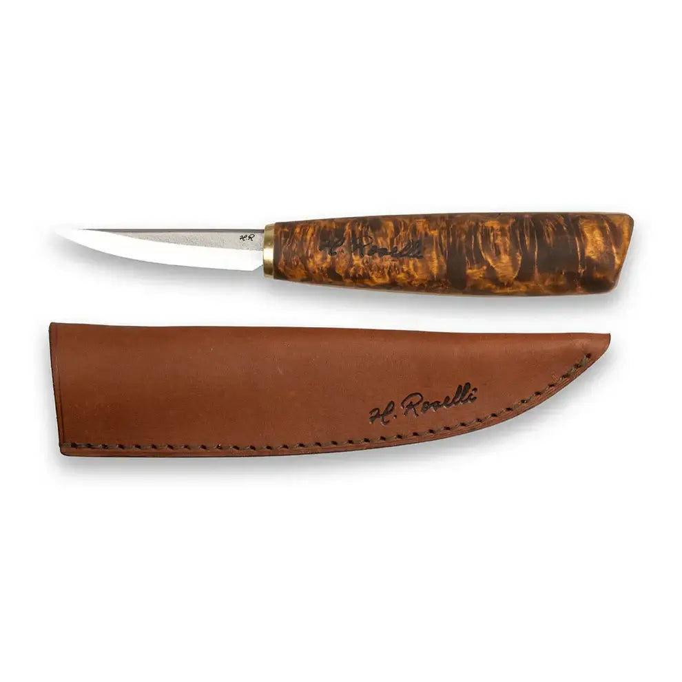 Roselli R113 The Carving Knife (Short Blade) - Stained Curly Birch with leather sheath