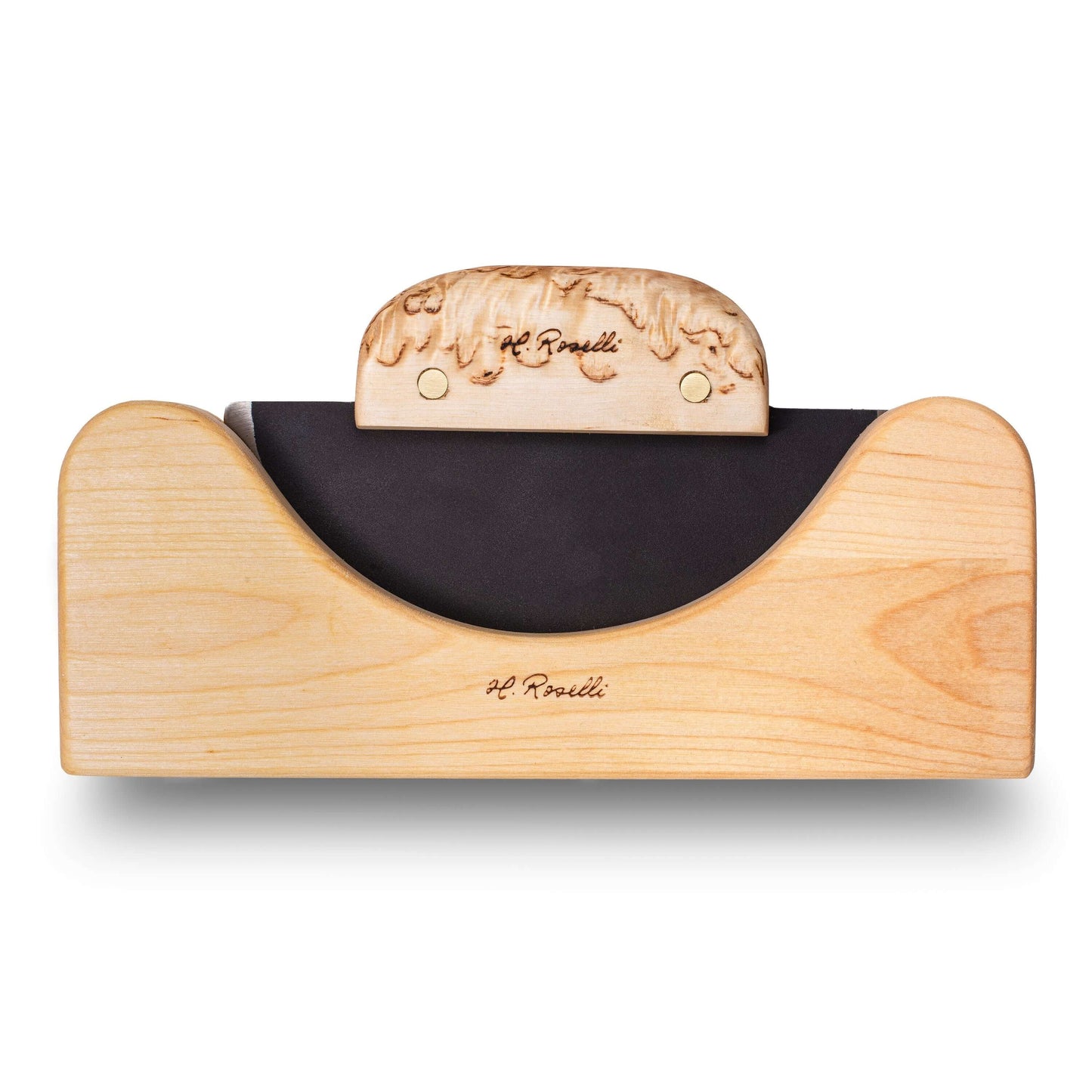 Roselli R740 The Ulu Knife displayed in a birch rack showcasing its forged carbon steel blade and curly birch handle.