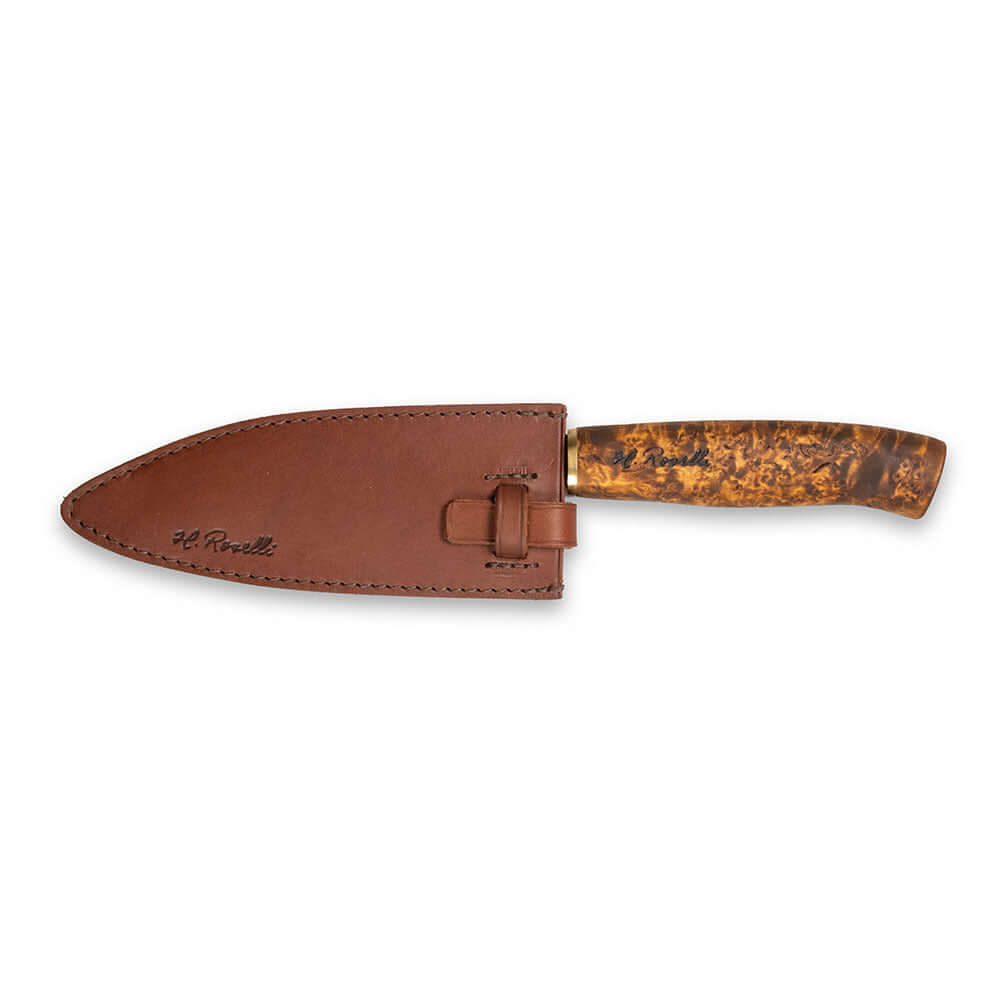 Roselli R760D The Santoku Knife With Dark Handle in leather sheath, showcasing its elegant design.