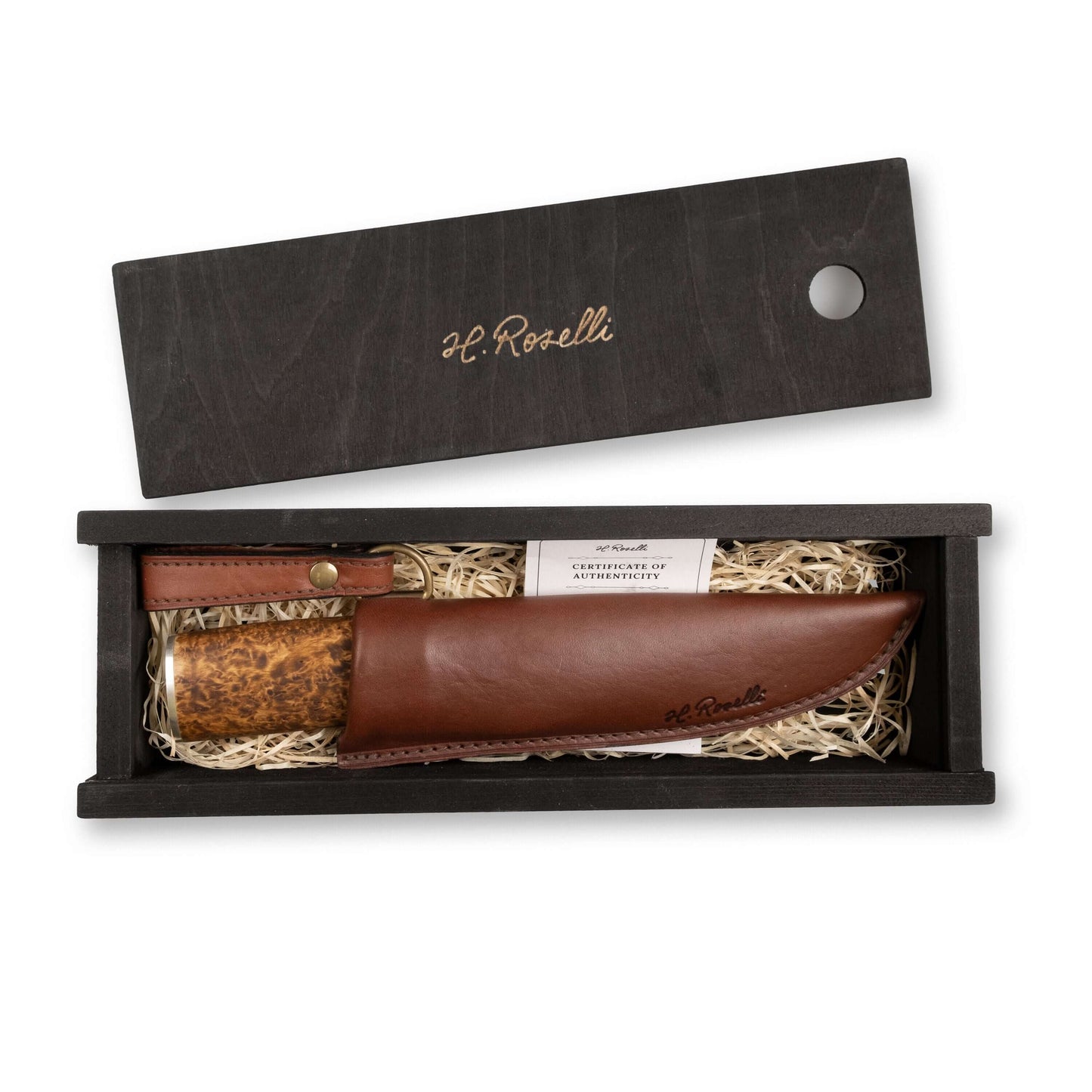 Roselli RD 300P The Hunting Knife, Damascus Blade in a wooden box with leather sheath and straw packaging.