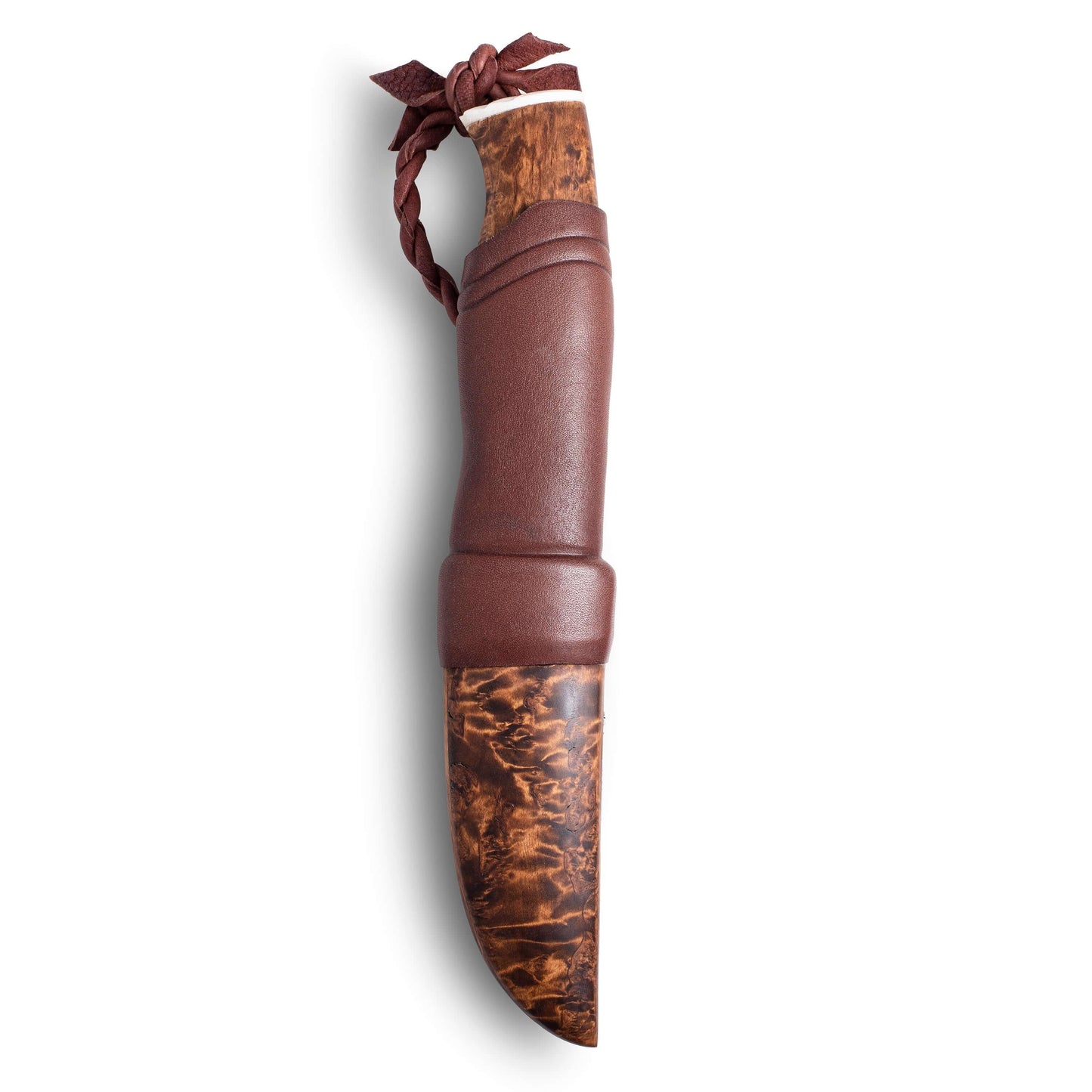 Roselli Hunter Nalle RW200A made in Finland, hunting knife with curly birch handle and leather sheath.
