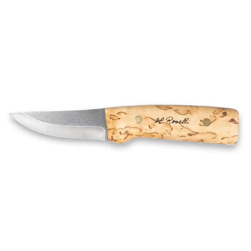 Roselli Hunter FULL TANG R100F knife with curly birch handle and carbon steel blade.