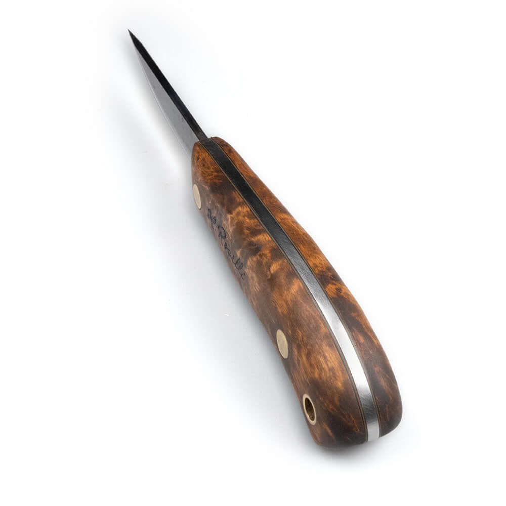 Roselli Carpenters Knife Full Tang R110F NEW, showcasing the stained curly birch handle and carbon steel blade.