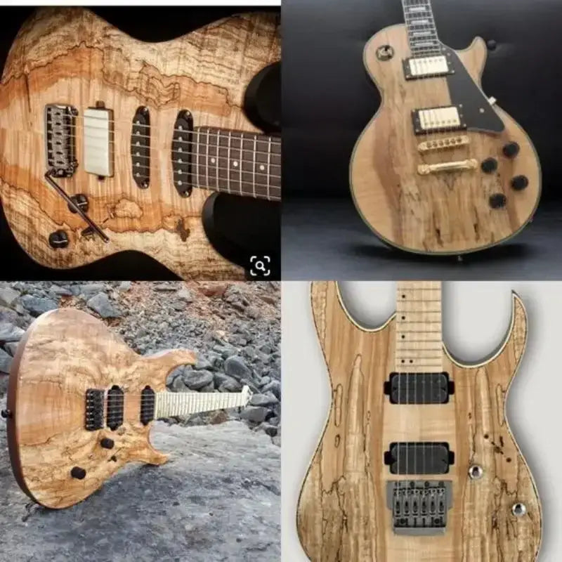 1 piece Spalted Maple Wood for DIY Knife Handle Making 20x40x30mm guitars collage displaying unique wood grain patterns.