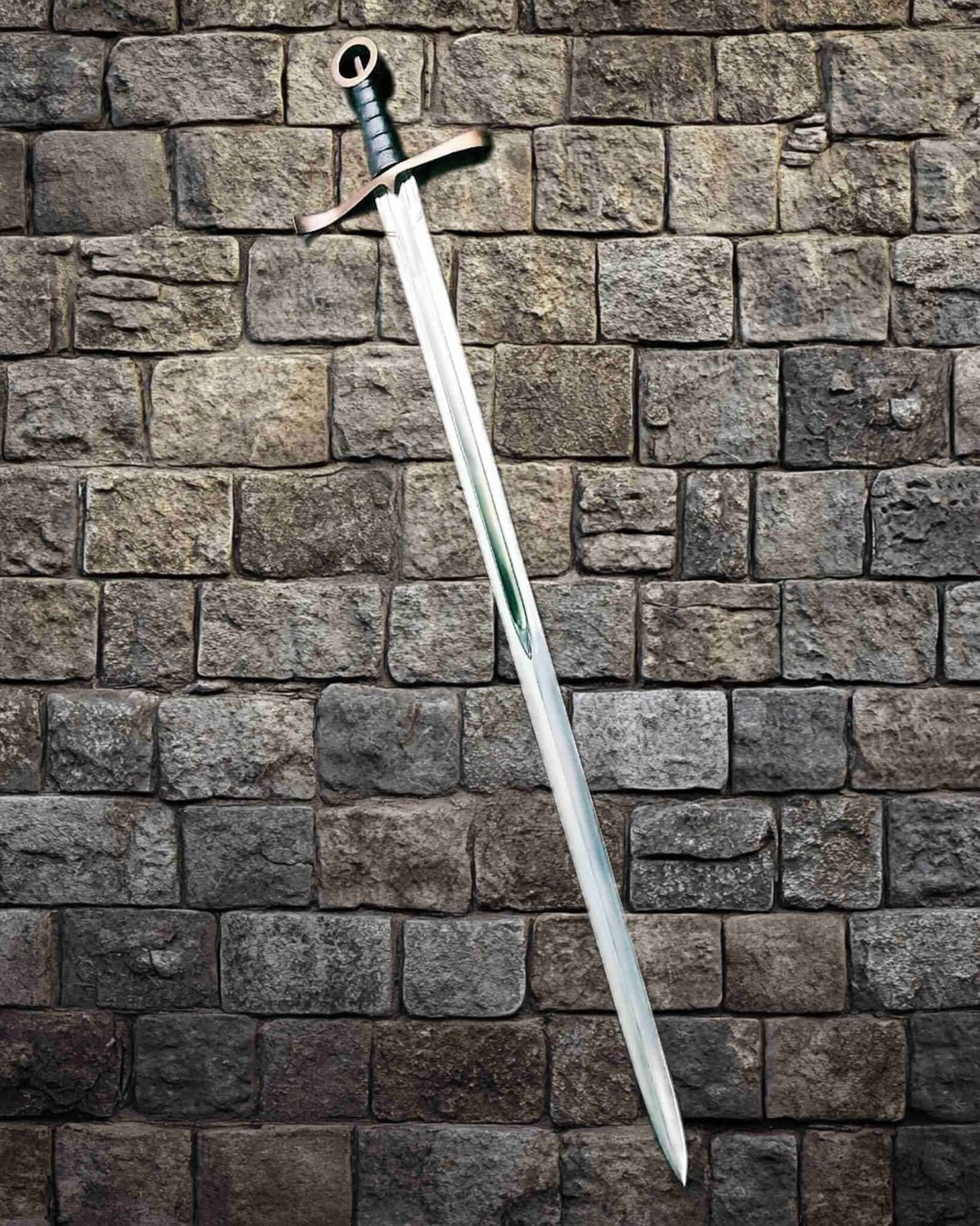 Irish ring hilt sword against a stone castle wall