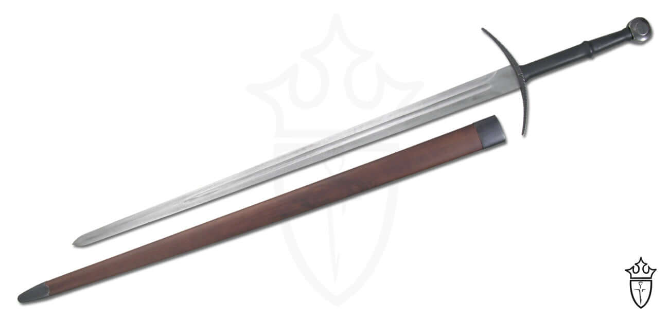 Bastard Sword by Kingston Arms with leather scabbard and detailed hilt, showcasing its sharp blade and craftsmanship.