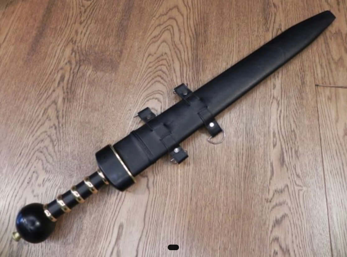 Roman Gladius sword with black and gold grip and leather scabbard, crafted by Kawashima.