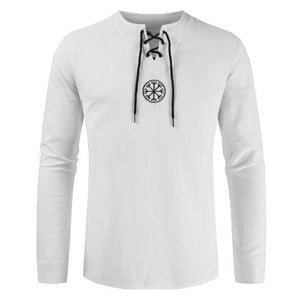 Men's Ancient Viking Embroidery Lace Up V Neck Long Sleeve Shirt Top Clothing For Men