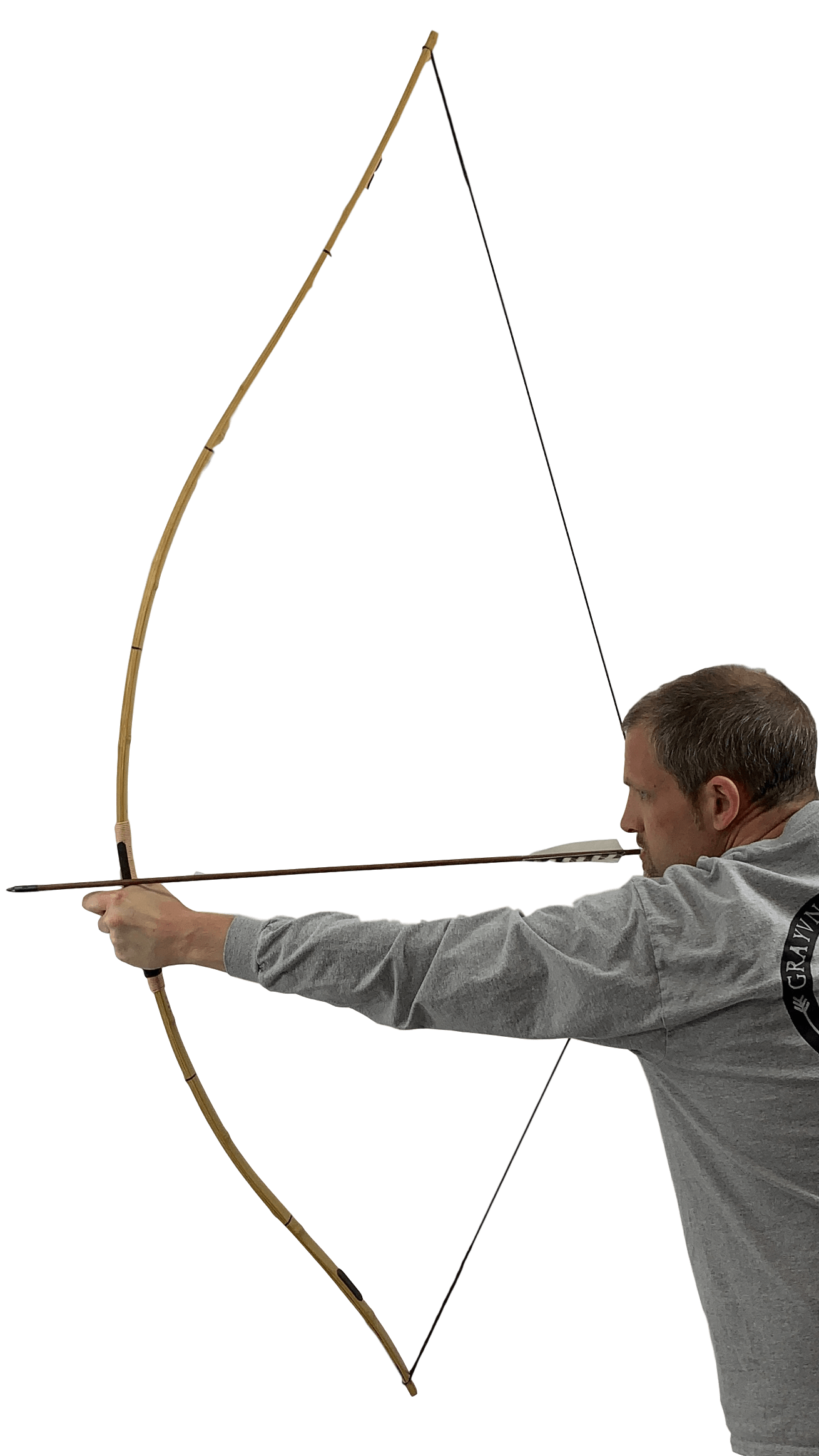 Person demonstrating the Japanese Samurai Yumi Bow, showcasing its unique design and functionality in archery.