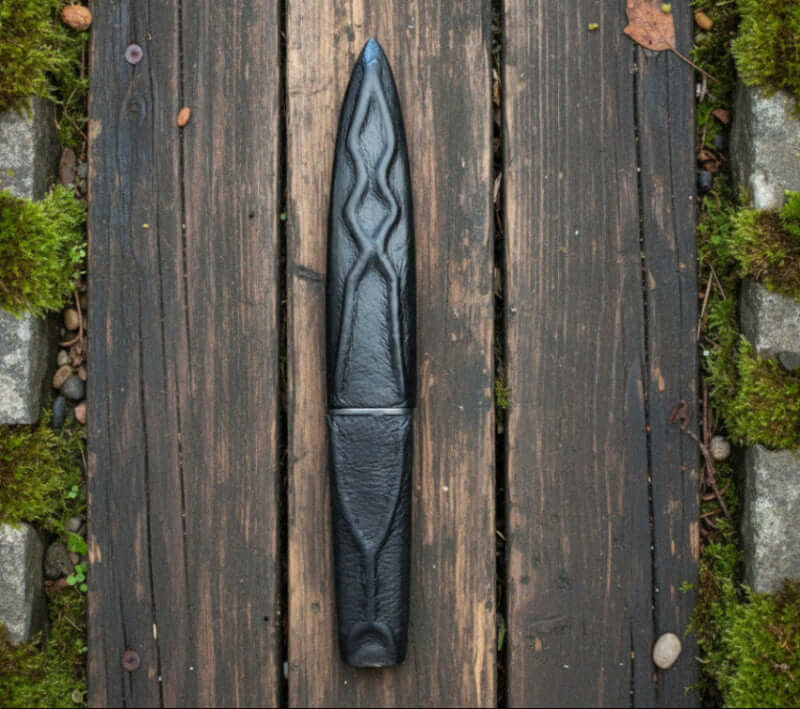 Saxon Viking Medieval Utility Black Knife by Kingdom Of Arms displayed on wooden surface with moss.