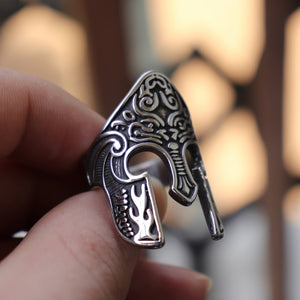 Viking Warrior Helmet Ring, Scandinavian Pagan Norse Rune Stainless Steel Rings