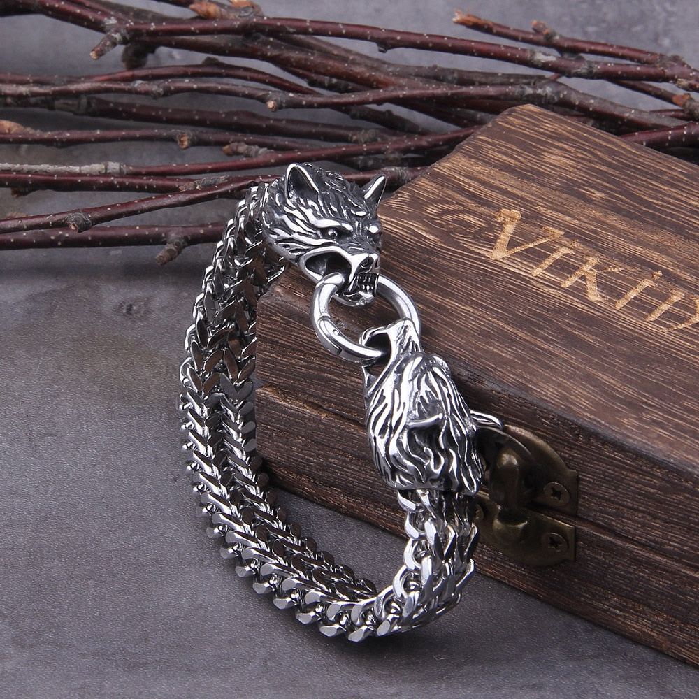 Never Fade Rock Viking Wolf Charm Bracelet, Men's Stainless Steel Mesh Chain, Gold Wolf Bracelet