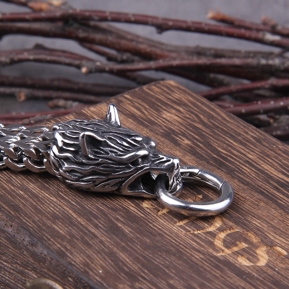 Never Fade Rock Viking Wolf Charm Bracelet, Men's Stainless Steel Mesh Chain, Gold Wolf Bracelet