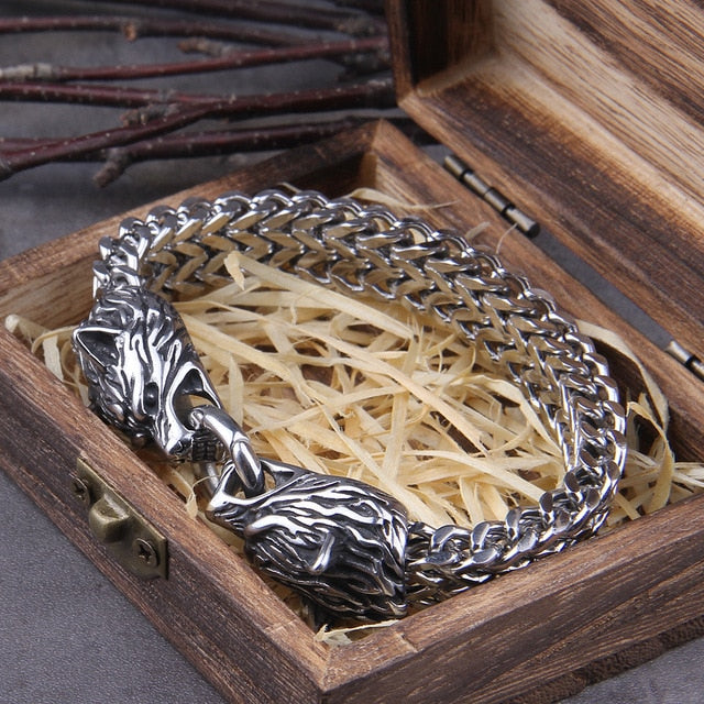 Never Fade Rock Viking Wolf Charm Bracelet, Men's Stainless Steel Mesh Chain, Gold Wolf Bracelet