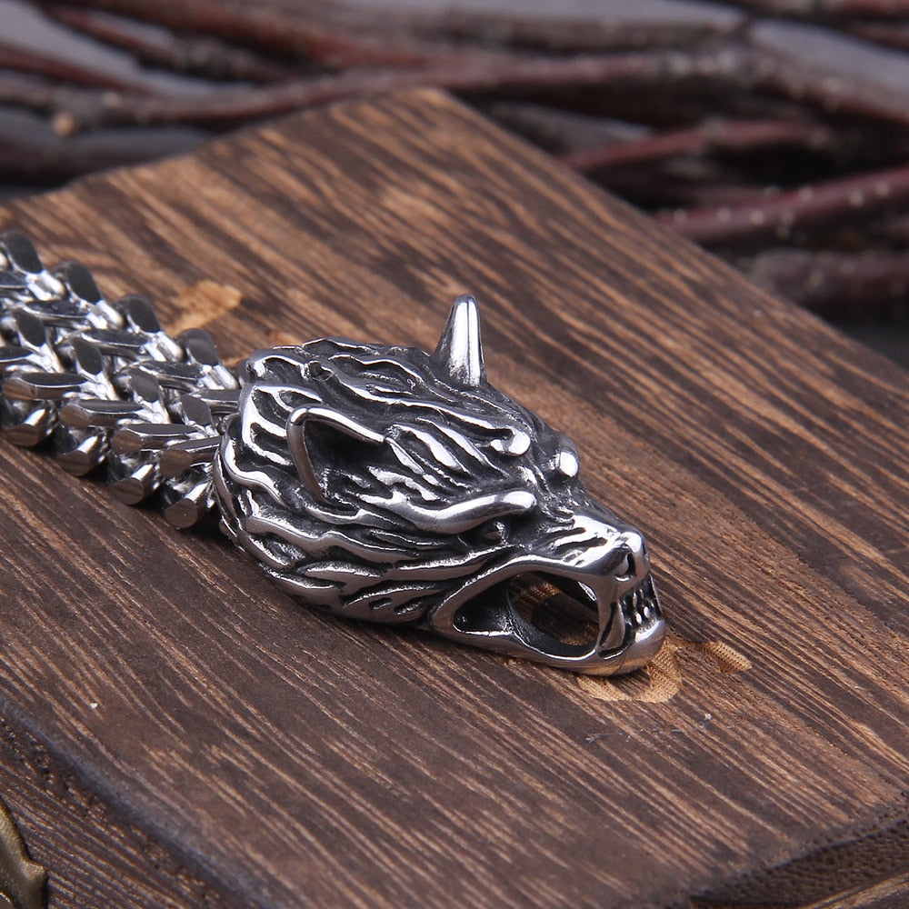 Never Fade Rock Viking Wolf Charm Bracelet, Men's Stainless Steel Mesh Chain, Gold Wolf Bracelet
