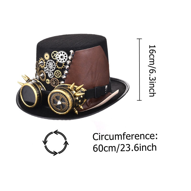 Steampunk Hat Black Fedora Punk Gears Men/Women Top Hat With Googles Gothic Hat
