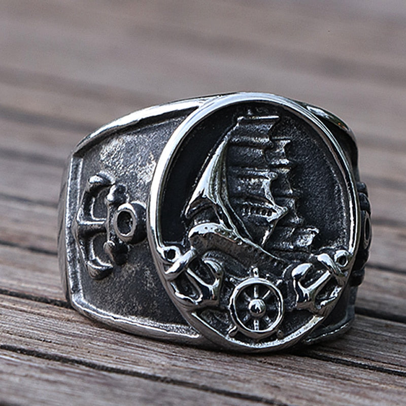 Pirate Sailboat, Pirate Ship and Anchor Ring For Men 316L Stainless Steel