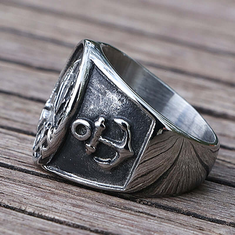 Pirate Sailboat, Pirate Ship and Anchor Ring For Men 316L Stainless Steel
