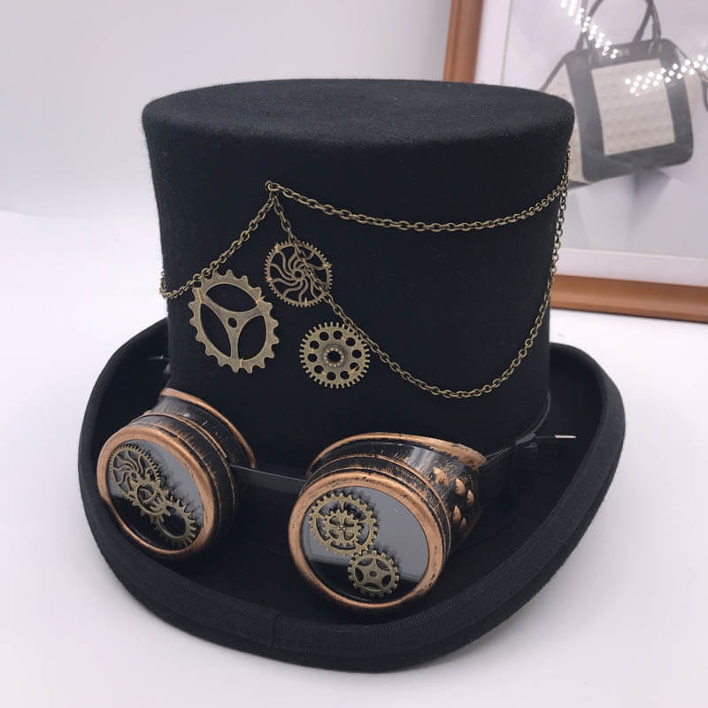 top hat with goggles Vintage Steampunk Floral Black Top Hat with goggles Punk Style Fedora Headwear Gothic Lolita