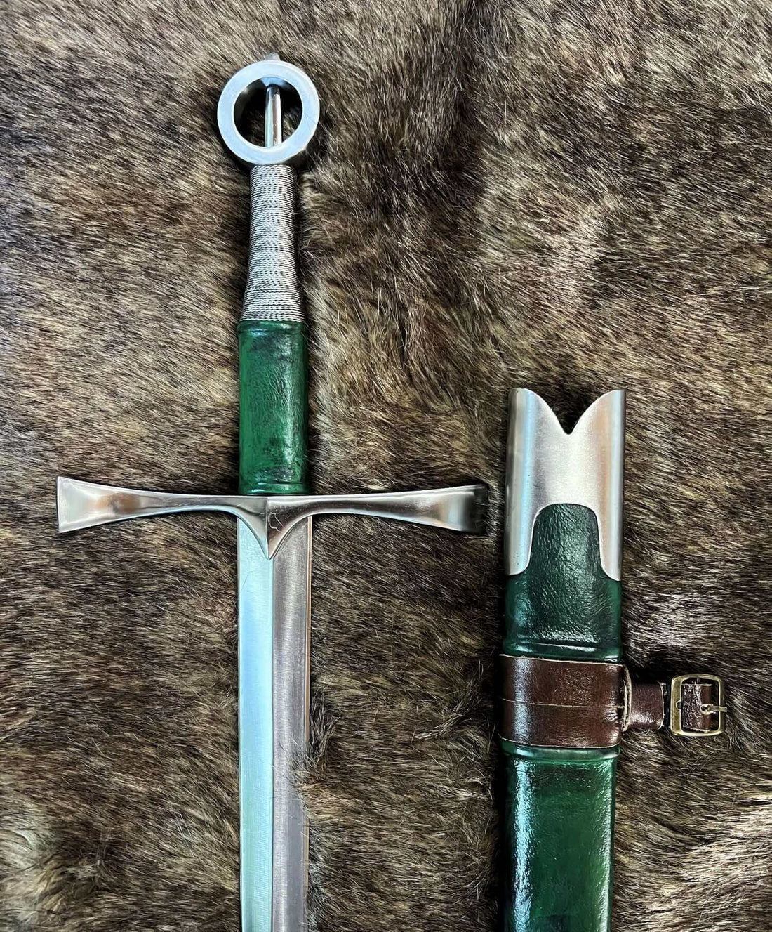 Famous Gallowglass Warriors sword and sheath displayed on fur background.