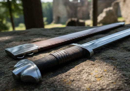 Battle ready medieval swords displayed on a stone surface, showcasing their craftsmanship and details.