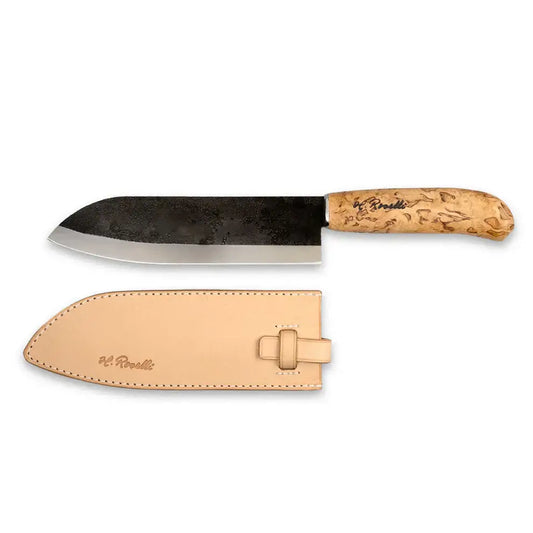Roselli R710 The Japanese Chef Knife with curly birch handle and leather sheath for precision outdoor cooking.
