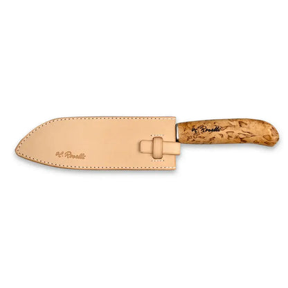 Roselli R710 The Japanese Chef Knife with handmade leather sheath and curly birch handle.
