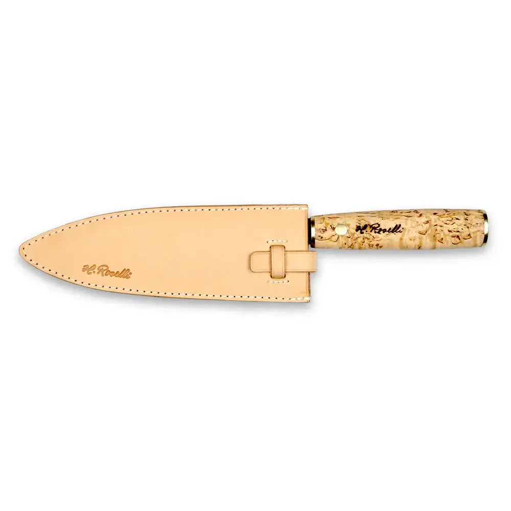 Roselli R770 The Gyuto Knife - Japanese Cooking Knife with handmade leather sheath and unique handle design.