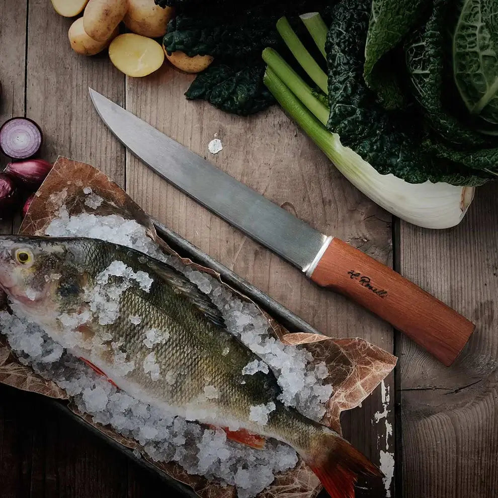 Roselli RW255 The Big Fish Knife on a table next to a fish on ice, surrounded by vegetables.