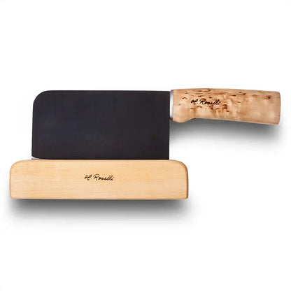 Roselli R730 Chinese Chef Knife with carbon steel blade on a birch knife rack.