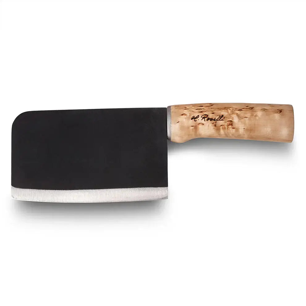 Roselli R730 Chinese Chef Knife with carbon steel blade and curly birch handle on a white background.