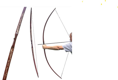 Handmade Hickory Elven Bow showcased with an archer aiming, featuring intricate designs and a beautiful, curved shape.