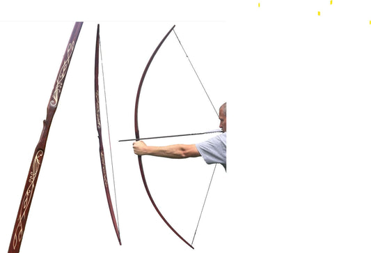 Handmade Hickory Elven Bow showcased with an archer aiming, featuring intricate designs and a beautiful, curved shape.