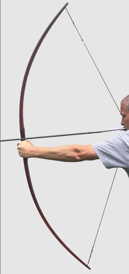 A person holding a Handmade Hickory Elven Bow, demonstrating its design and versatility for archery.