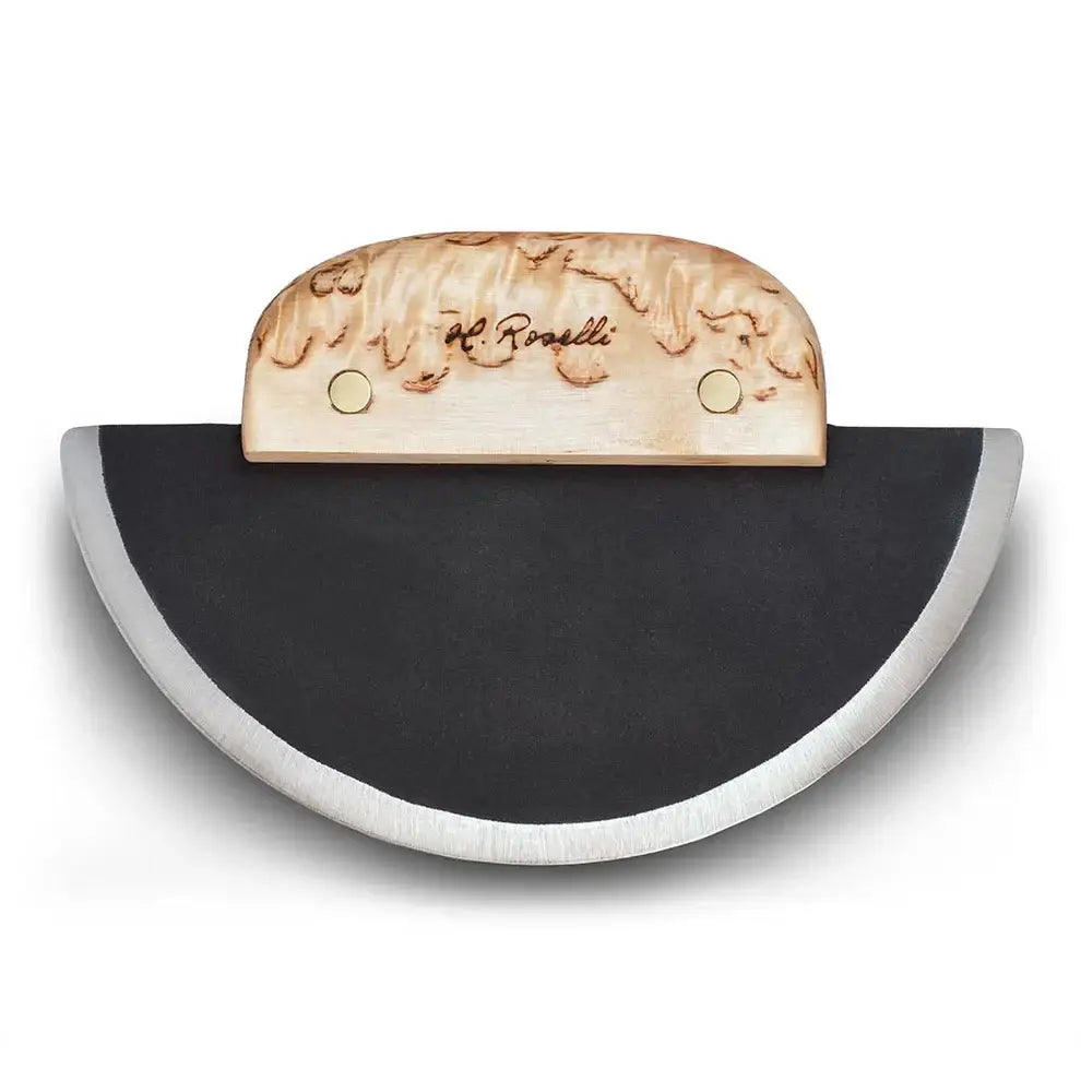 Roselli R740 The Ulu Knife with forged carbon steel blade and curly birch handle, perfect for kitchen tasks.