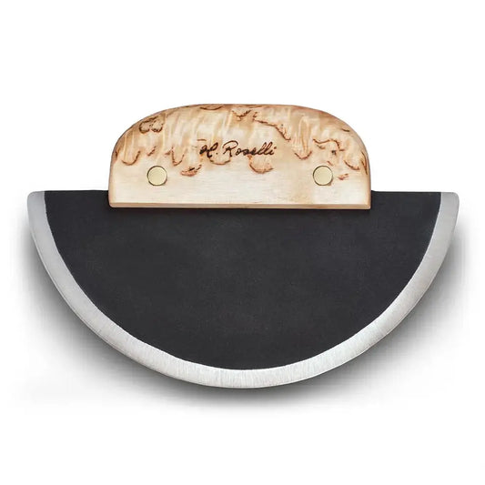 Roselli R740 The Ulu Knife with forged carbon steel blade and curly birch handle, perfect for kitchen tasks.
