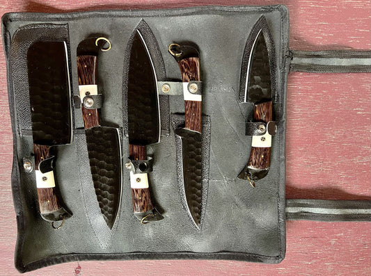 5 pcs Kitchen Knife Set w/ Leather Roll Wood and Bone Handle