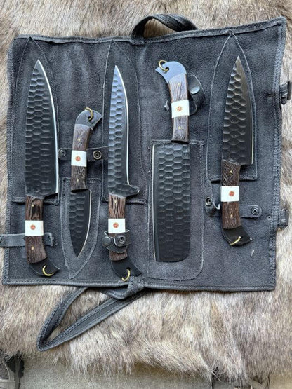 5-Piece Chef Knife Set with Suede Roll - Wood & Bone