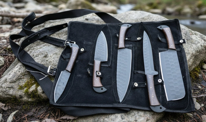 Set of 5 kitchen knives in a black leather sheath on a textured surface