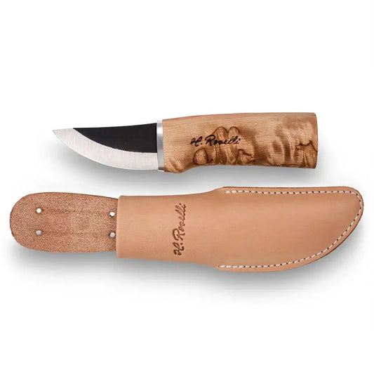 Roselli R120 The Grandfather Knife with Plain Sheath featuring a curly birch handle and leather sheath.