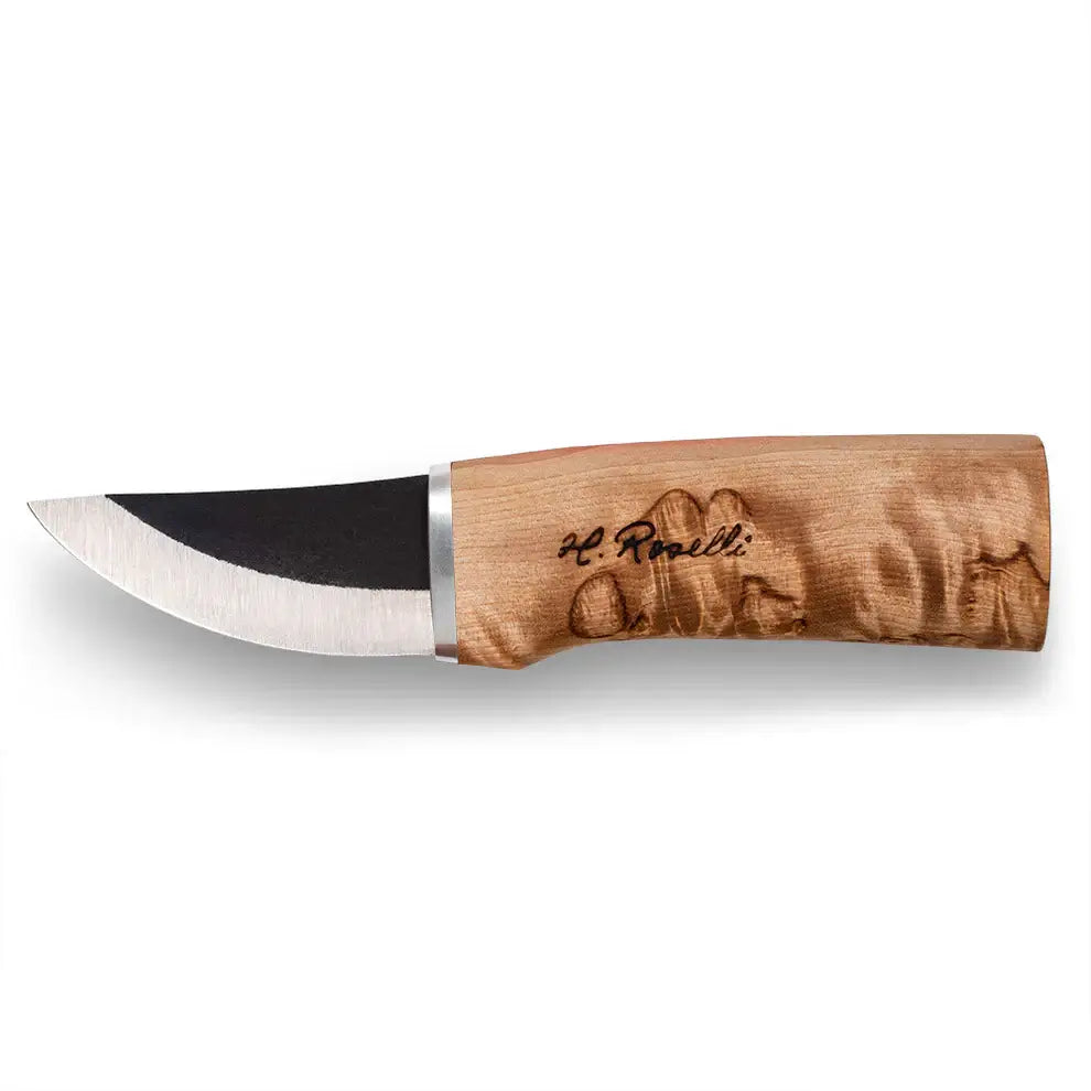 Roselli R120 The Grandfather Knife with Plain Sheath featuring a curly birch handle and a stout working blade.
