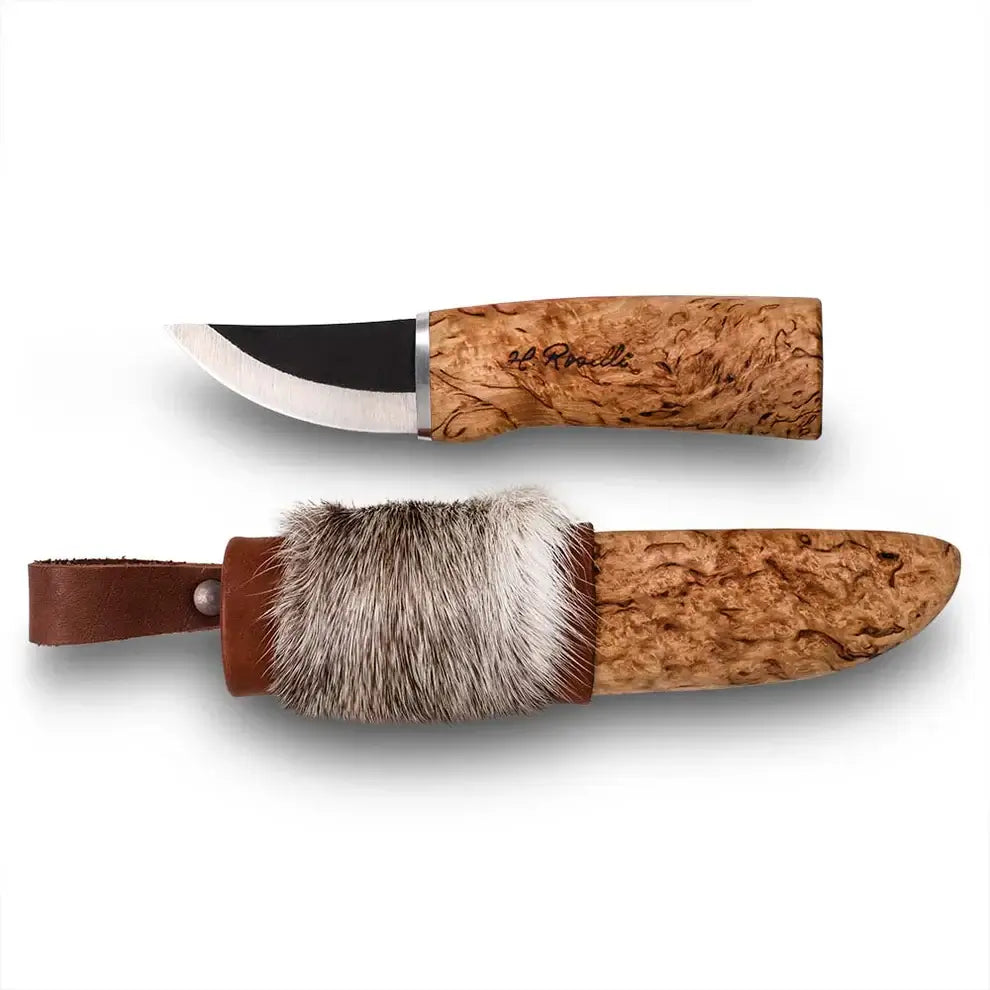 Roselli R121 The Grandfather Knife with Special Sheath features a curly birch handle and reindeer fur sheath.