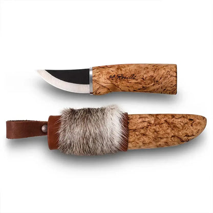 Roselli R121 The Grandfather Knife with Special Sheath features a curly birch handle and reindeer fur sheath.