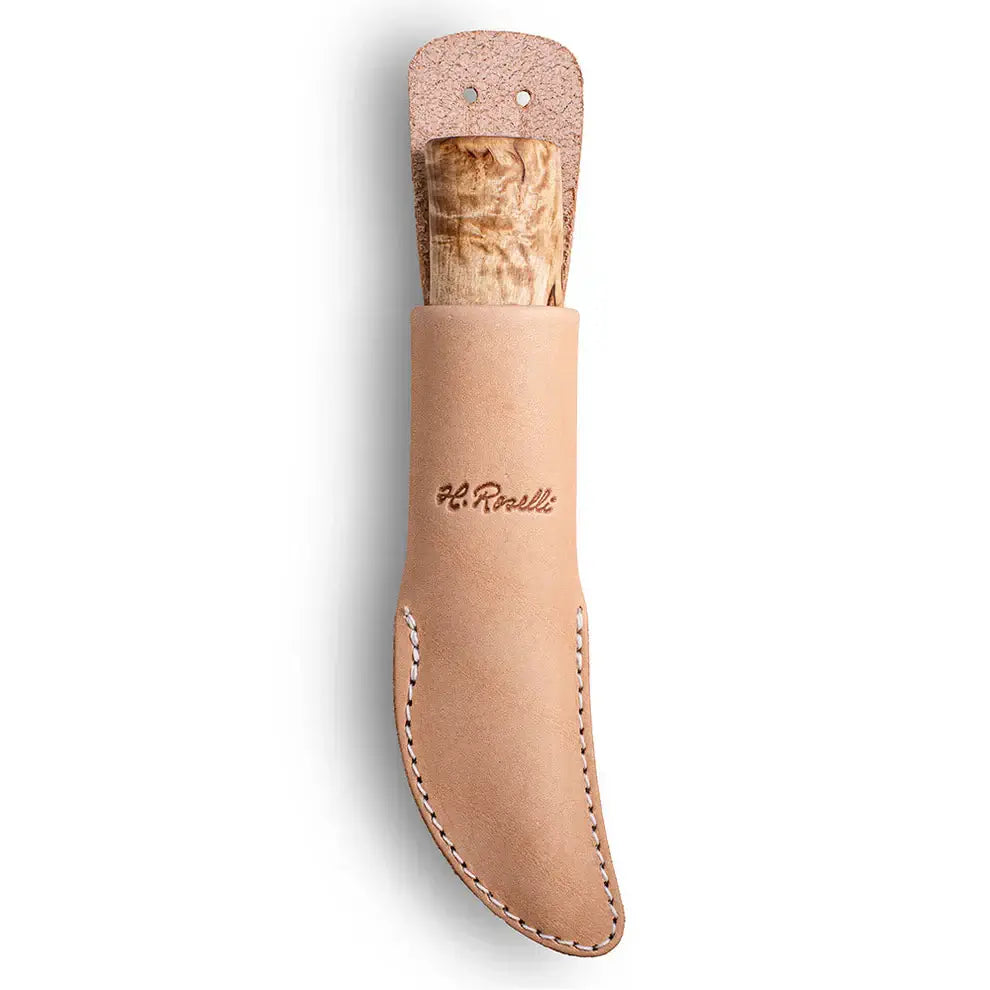 Roselli R130 The Grandmother Knife for craft work in its leather sheath, showcasing traditional Finnish craftsmanship.