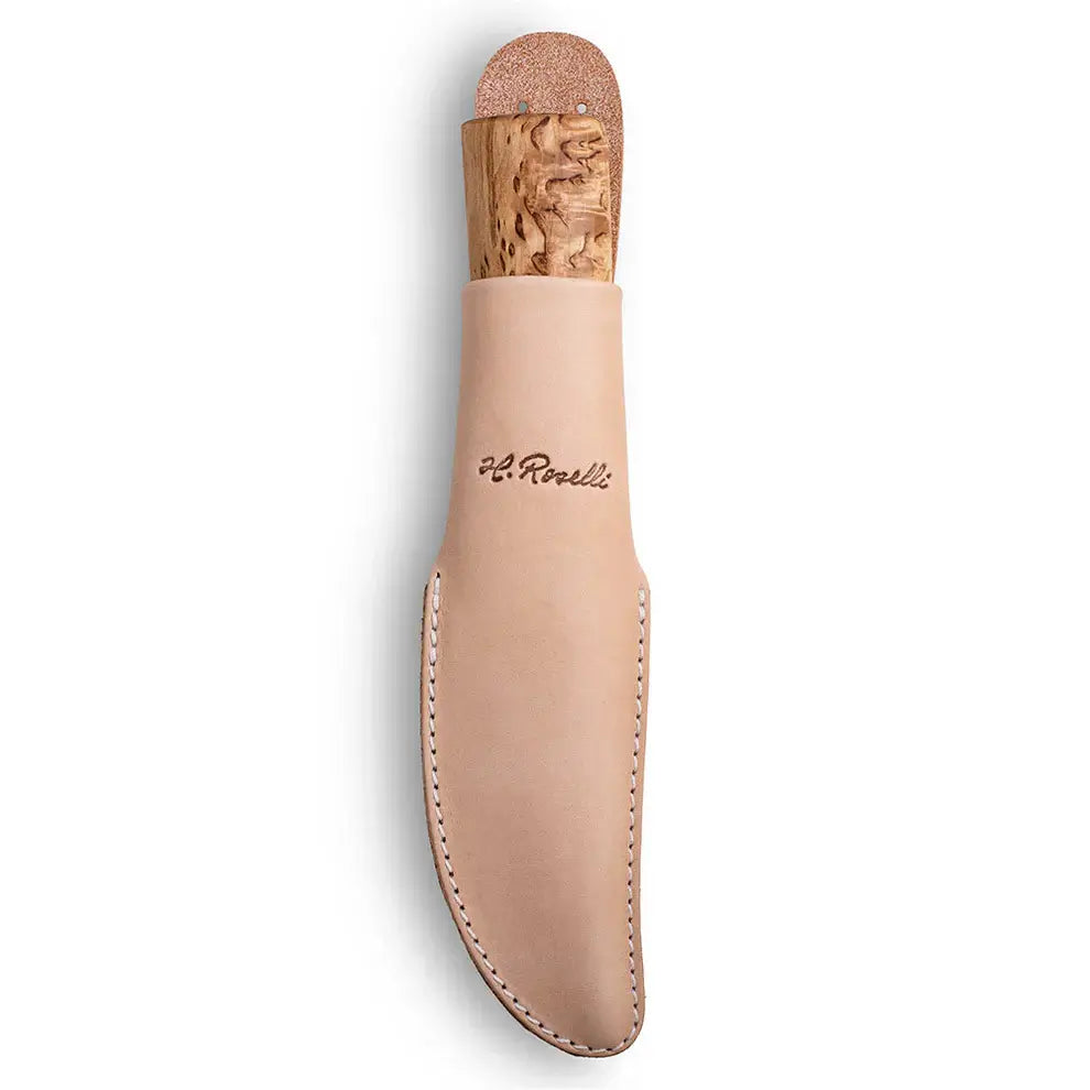 Roselli Hunter R100 knife in handmade leather sheath with curly birch handle, showcasing quality craftsmanship.