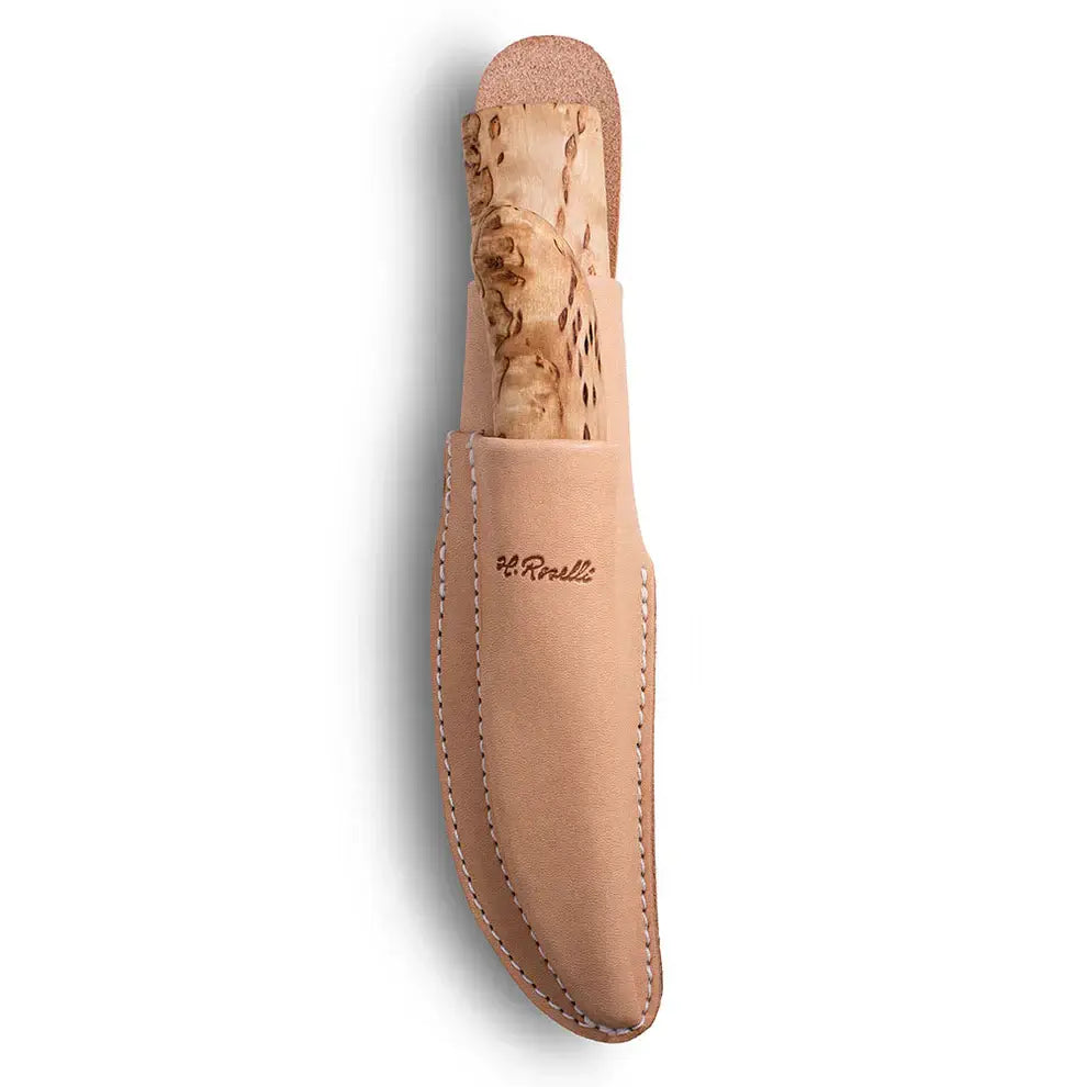 Roselli R190 Hunter / Carpenter Combo in a protective leather sheath designed for carrying knives.