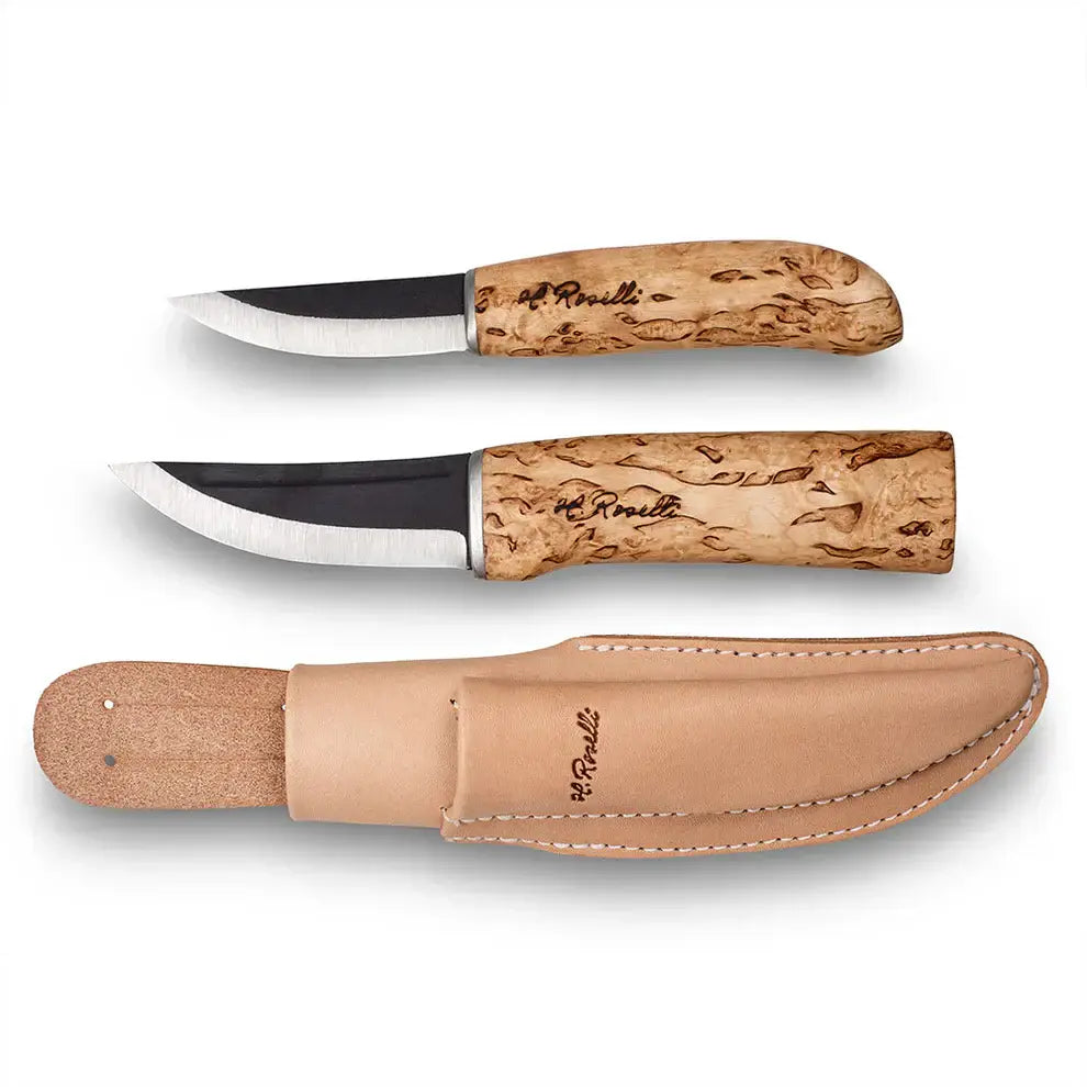 Roselli R190 Hunter / Carpenter Combo featuring hunting and carpenter knives with a leather sheath.